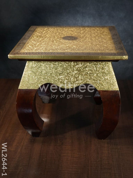 Wooden Stool with Brass Finish - 14 inch