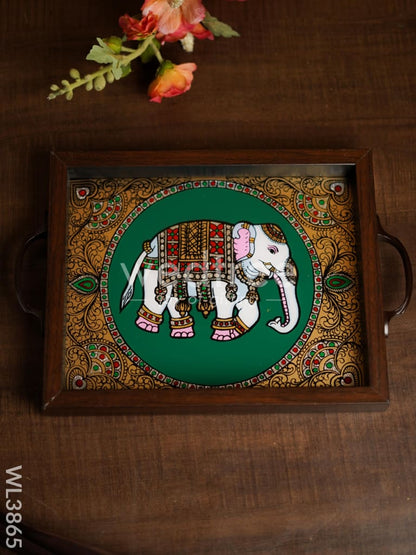 Wooden Tray with Reverse Acrylic Painting - Elephant