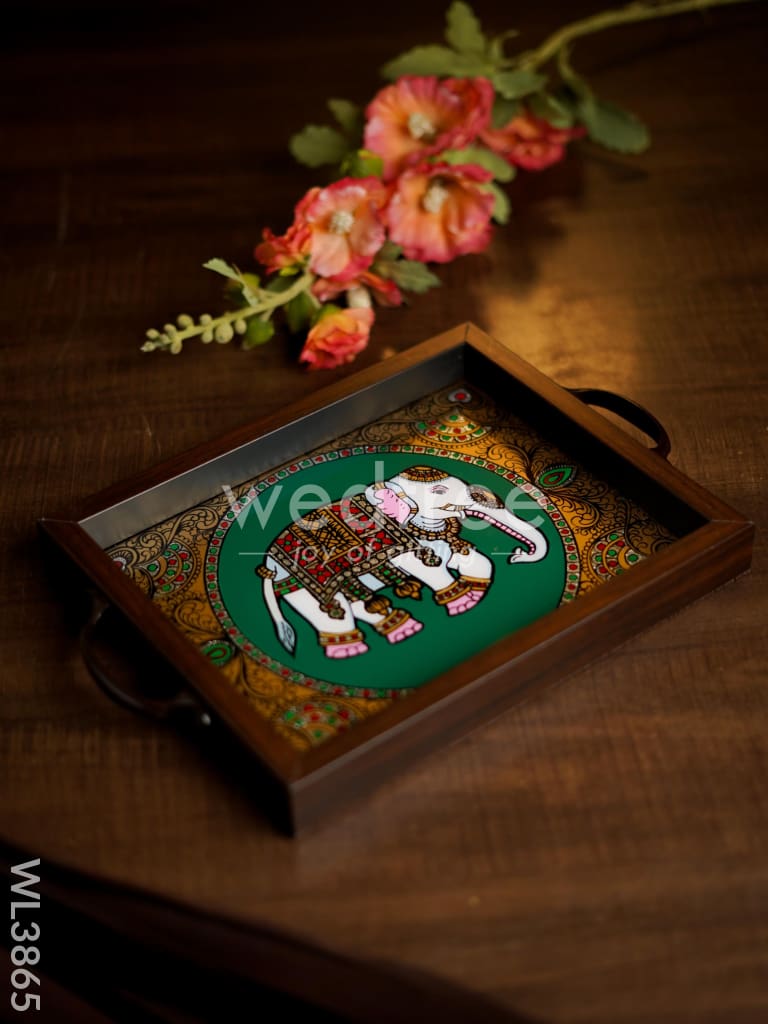 Wooden Tray with Reverse Acrylic Painting - Elephant