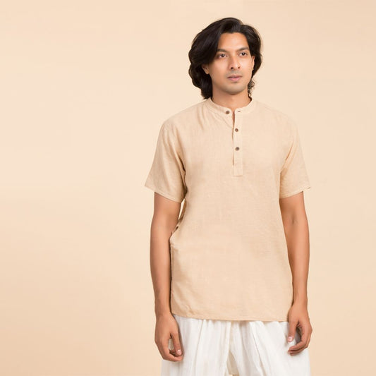 Isha Life MenÕs Cotton Hemp Kurta. Beige. Half sleeves. Minimalist design. Natural fibers.