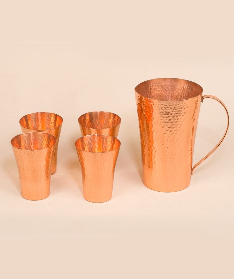 Hammered Copper Water Jug (1.5 Liters) and Glass Set (4 Glass of 400 ml each)