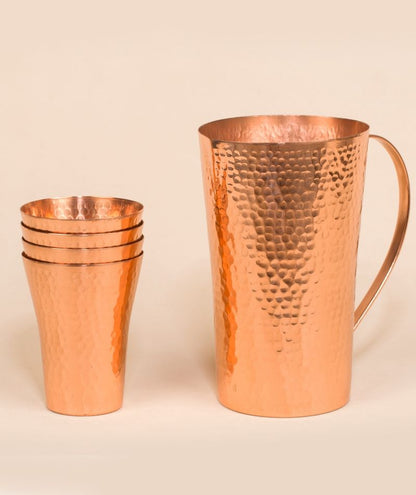 Hammered Copper Water Jug (1.5 Liters) and Glass Set (4 Glass of 400 ml each)