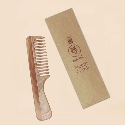 Handmade Neem Wood Comb with Handle (Wider teeth)