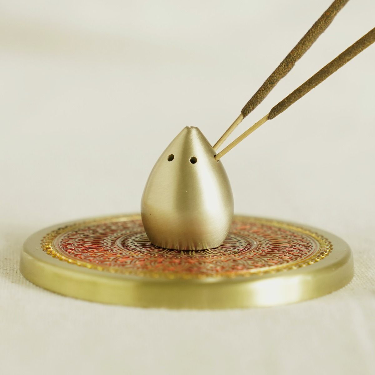 Hand-Enamelled Brass Incense Holder with Intricate Mandala Plate