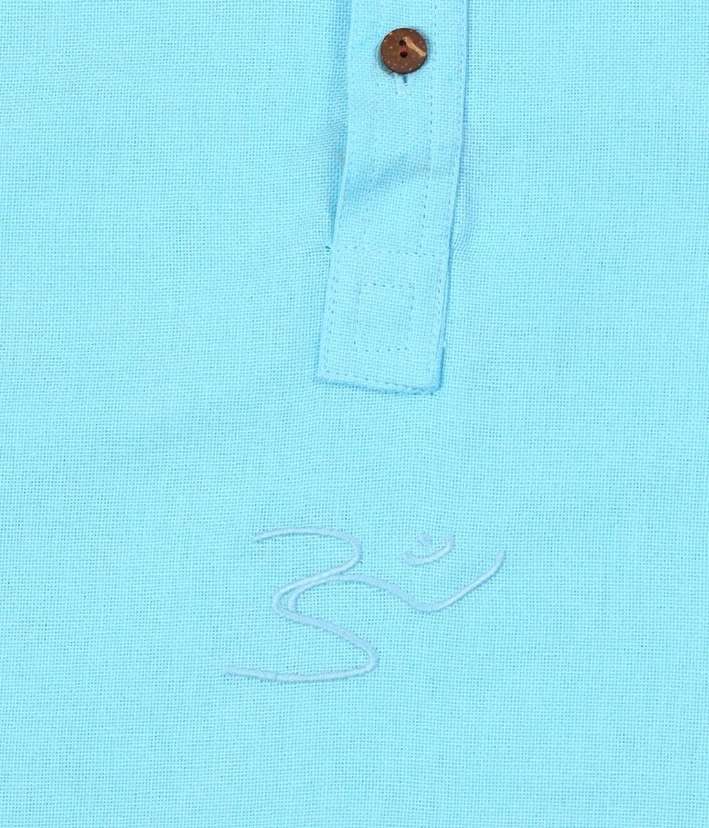 MenÕs 100% organic cotton kurta with embroidered (Sky) "Aum". Short sleeved short kurta. Relaxed fit. GOTS Certified