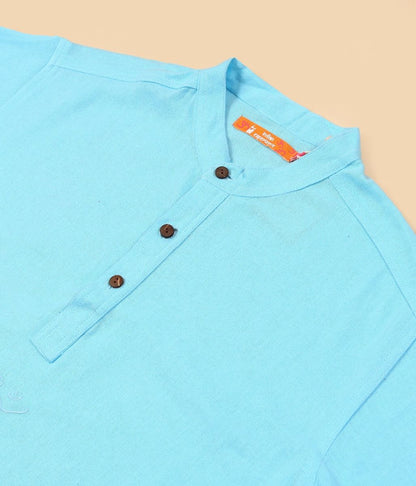 MenÕs 100% organic cotton kurta with embroidered (Sky) "Aum". Short sleeved short kurta. Relaxed fit. GOTS Certified