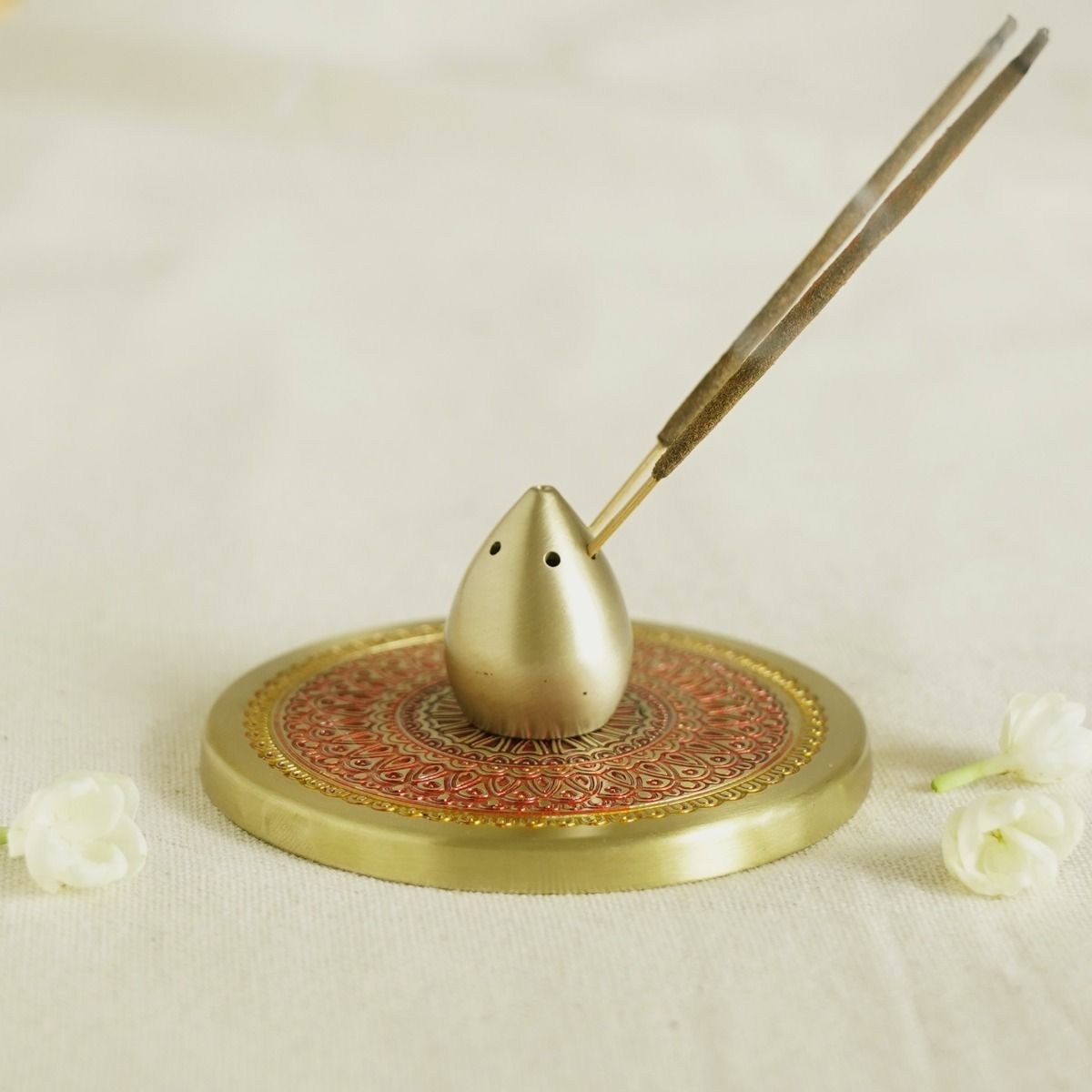 Hand-Enamelled Brass Incense Holder with Intricate Mandala Plate