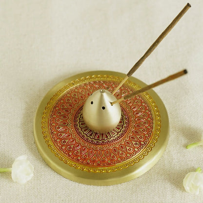 Hand-Enamelled Brass Incense Holder with Intricate Mandala Plate