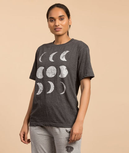 Unisex Silver Printed Moon Cotton T-shirt - Dark Grey