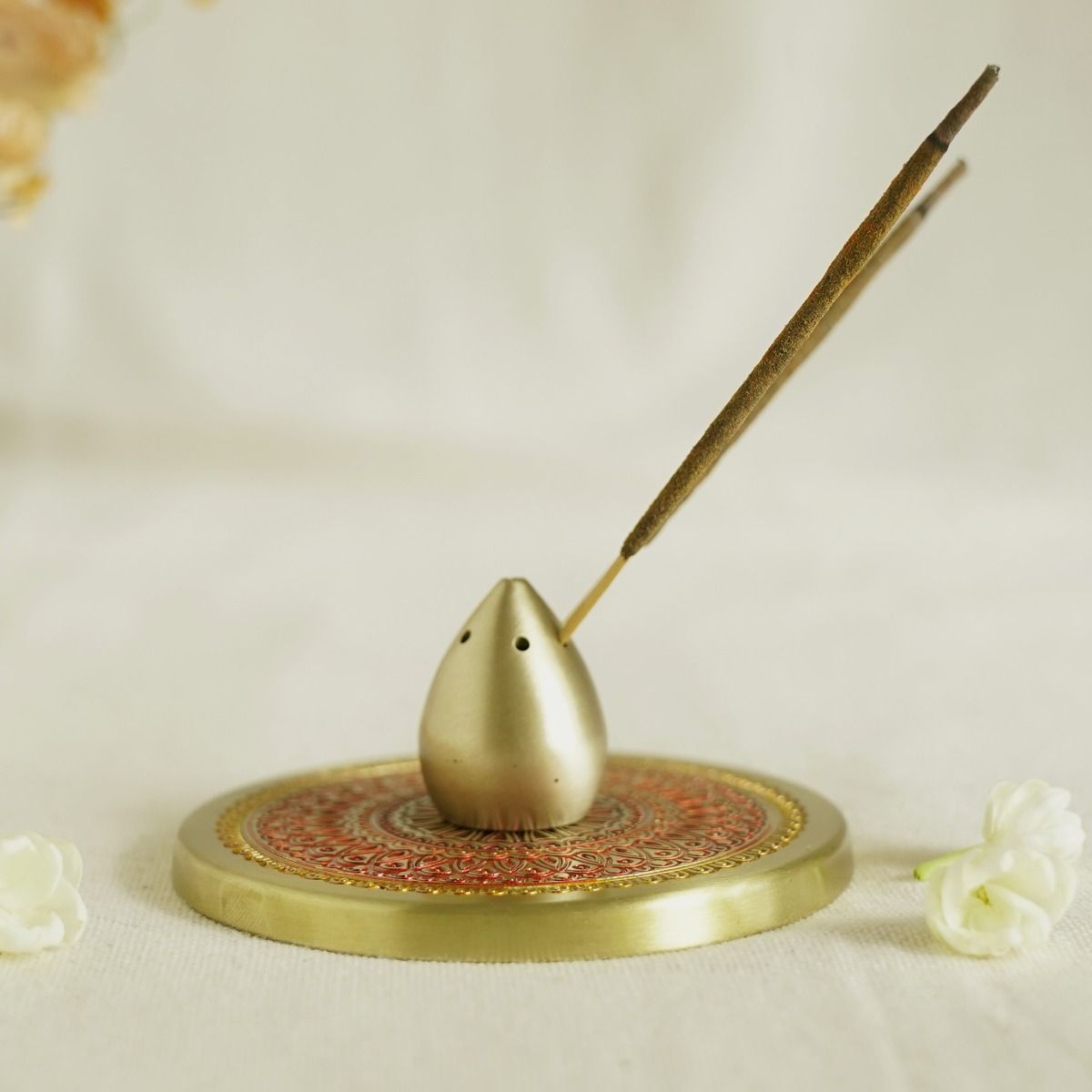 Hand-Enamelled Brass Incense Holder with Intricate Mandala Plate