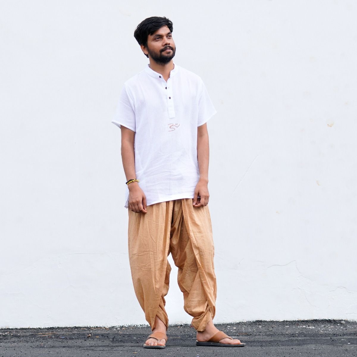 IshaÕs signature. Ready to wear Unisex Dhoti Pants - half moon printed (Khaki) / Panchakacham. Easy to pull on. Versatile. Comfortable for both casual and formal wear.