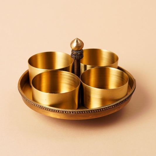 Brass Condiment Serving Tray with Four Bowls