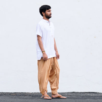 IshaÕs signature. Ready to wear Unisex Dhoti Pants - half moon printed (Khaki) / Panchakacham. Easy to pull on. Versatile. Comfortable for both casual and formal wear.