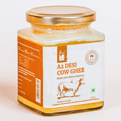 Pure A2 Desi Cow Ghee(250gm). Made traditionally from curd. Made from grass-fed free grazing desi cows' milk. Extracted using non-exploitative methods. Bilona ghee