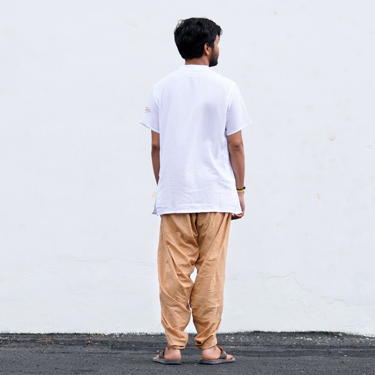 IshaÕs signature. Ready to wear Unisex Dhoti Pants - half moon printed (Khaki) / Panchakacham. Easy to pull on. Versatile. Comfortable for both casual and formal wear.