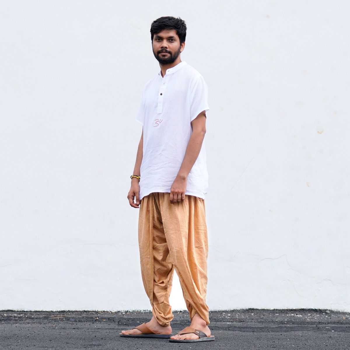 IshaÕs signature. Ready to wear Unisex Dhoti Pants - half moon printed (Khaki) / Panchakacham. Easy to pull on. Versatile. Comfortable for both casual and formal wear.