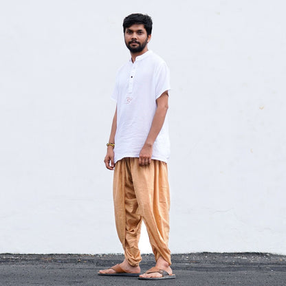 IshaÕs signature. Ready to wear Unisex Dhoti Pants - half moon printed (Khaki) / Panchakacham. Easy to pull on. Versatile. Comfortable for both casual and formal wear.