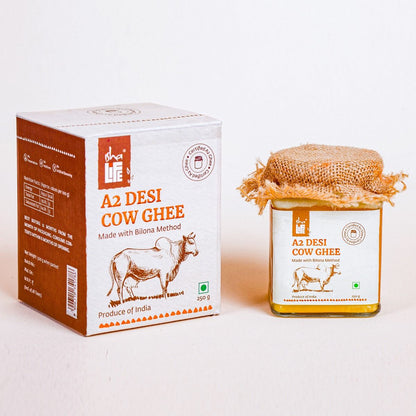 Pure A2 Desi Cow Ghee(250gm). Made traditionally from curd. Made from grass-fed free grazing desi cows' milk. Extracted using non-exploitative methods. Bilona ghee