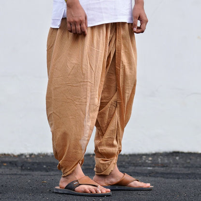 IshaÕs signature. Ready to wear Unisex Dhoti Pants - half moon printed (Khaki) / Panchakacham. Easy to pull on. Versatile. Comfortable for both casual and formal wear.