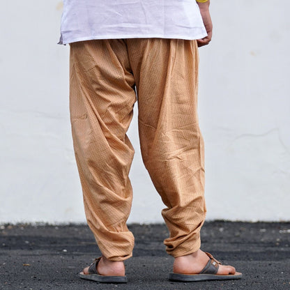 IshaÕs signature. Ready to wear Unisex Dhoti Pants - half moon printed (Khaki) / Panchakacham. Easy to pull on. Versatile. Comfortable for both casual and formal wear.