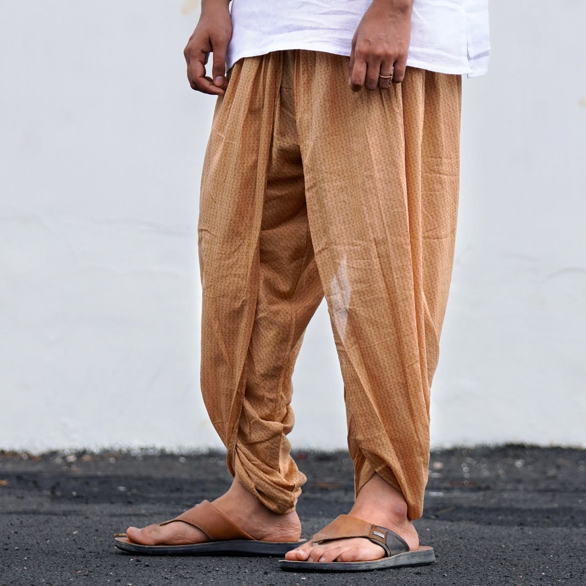 IshaÕs signature. Ready to wear Unisex Dhoti Pants - half moon printed (Khaki) / Panchakacham. Easy to pull on. Versatile. Comfortable for both casual and formal wear.