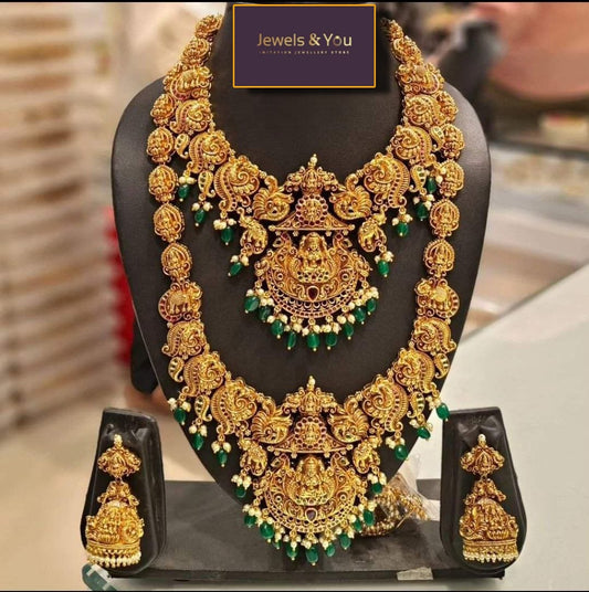 Wedding Collection Imitation- Temple Jewellary/Jewelry ,Color-Golden with Pearls & Green Beads