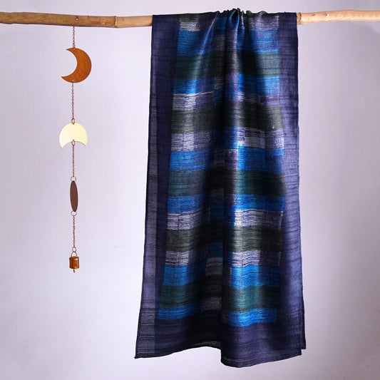 HandBlock Printed Black, Grey, and Blue Striped Pure Tussar Silk Stole