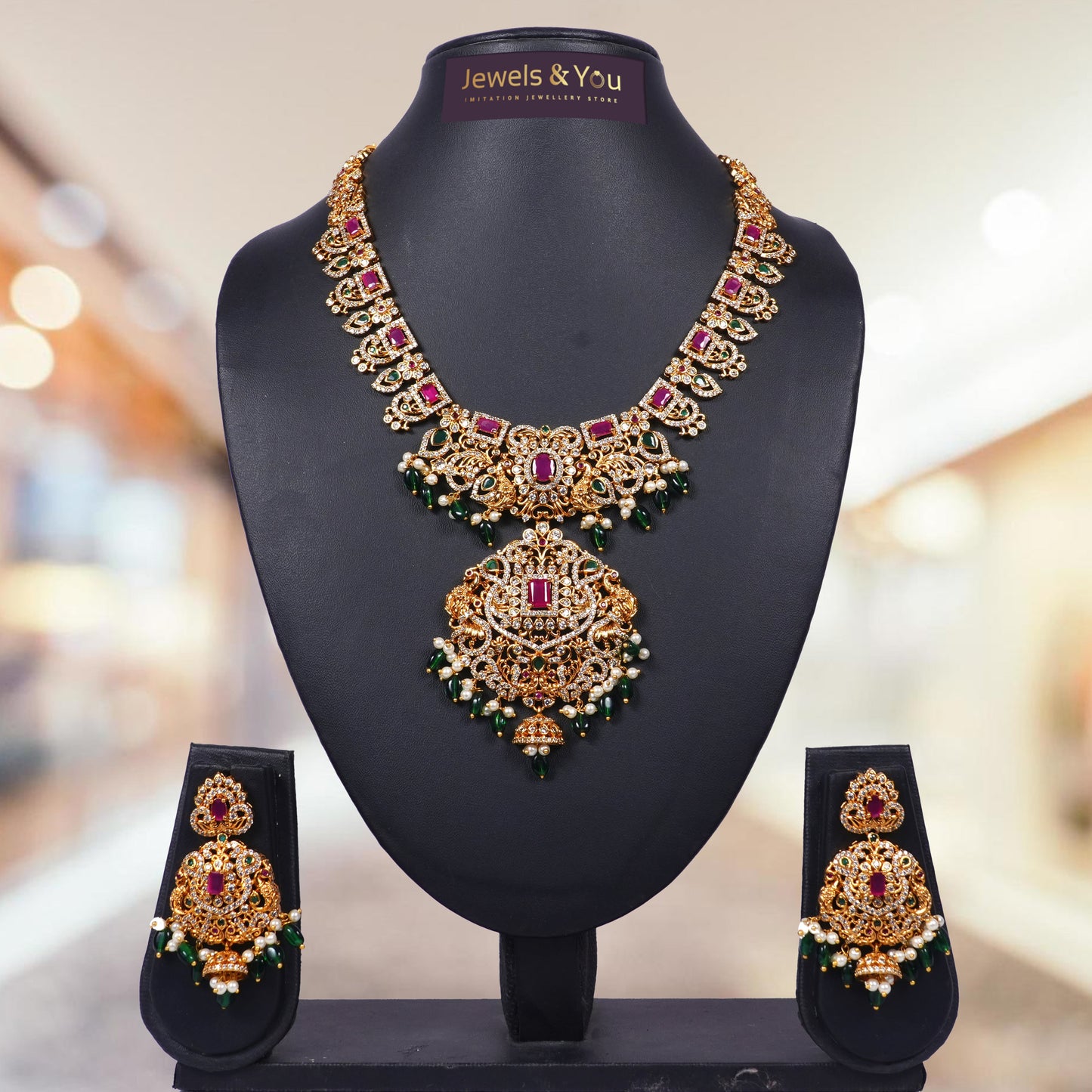 Wedding Collection Traditional Imitation Jewellery, Color-Golden with Red,Green Stones, CZ & Pearls