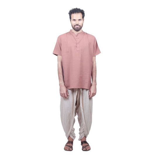 MenÕs 100% organic cotton kurta with embroidered (Brick) "Aum". Short sleeved short kurta. Relaxed fit. GOTS Certified