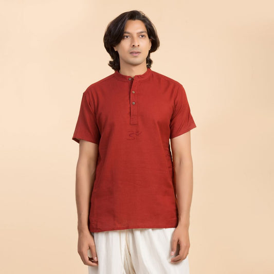 MenÕs 100% organic cotton kurta with embroidered (Maroon) "Aum". Short sleeved short kurta. Relaxed fit. GOTS Certified