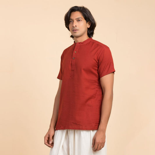 MenÕs 100% organic cotton kurta with embroidered (Maroon) "Aum". Short sleeved short kurta. Relaxed fit. GOTS Certified