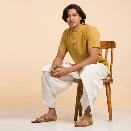 Men’s 100% organic cotton kurta with embroidered (Mustard) "Aum". Short sleeved short kurta. Relaxed fit. GOTS Certified.