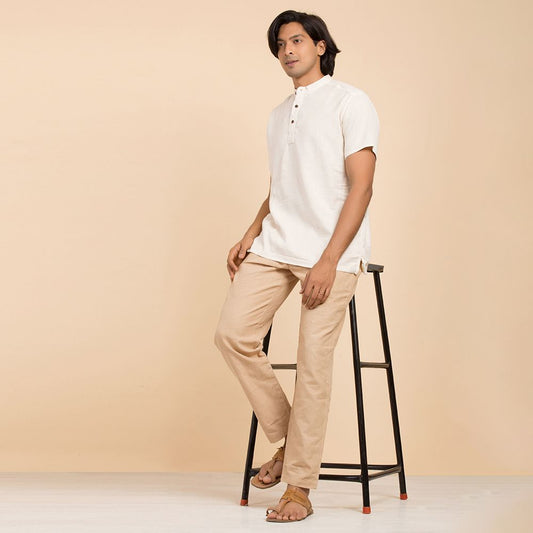 MenÕs 100% organic cotton kurta with embroidered (Off - White) "Aum". Short sleeved short kurta. Relaxed fit. GOTS Certified