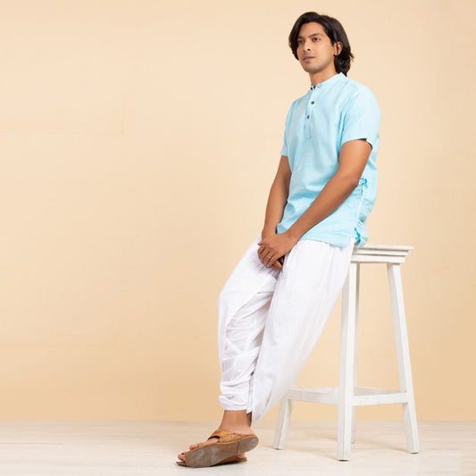 MenÕs 100% organic cotton kurta with embroidered (Sky) "Aum". Short sleeved short kurta. Relaxed fit. GOTS Certified