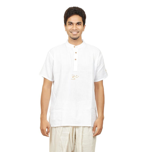 MenÕs 100% organic cotton kurta with embroidered (White) "Aum". Short sleeved short kurta. Relaxed fit. GOTS Certified