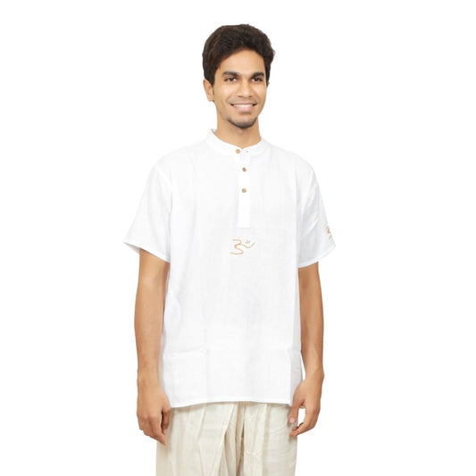 MenÕs 100% organic cotton kurta with embroidered (White) "Aum". Short sleeved short kurta. Relaxed fit. GOTS Certified
