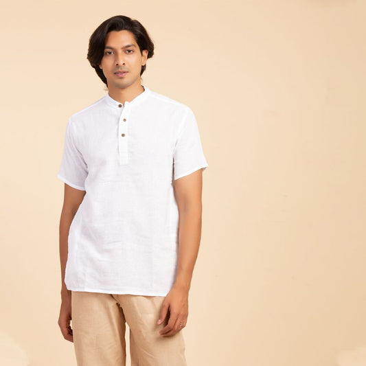 Isha Life MenÕs Cotton Hemp Kurta. Solid white. Half sleeves. Minimalist design. Natural fibers.