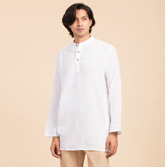Isha Life MenÕs Cotton Hemp Kurta. Solid white. Full sleeves. Minimalist design. Natural fibers.