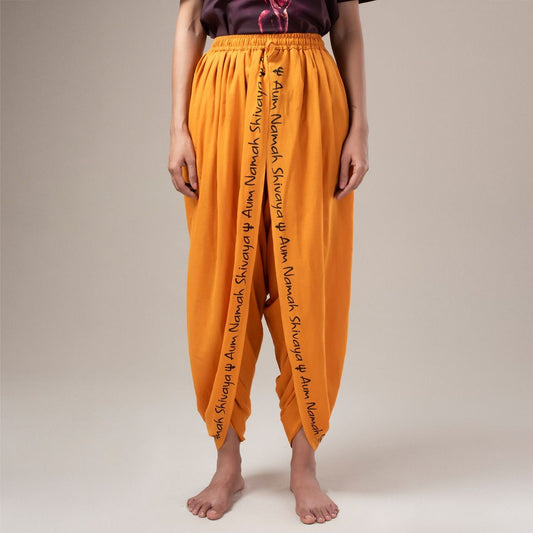 Unisex Printed Dhoti Pant With Aum Namah Shivaya Printed Border - Orange