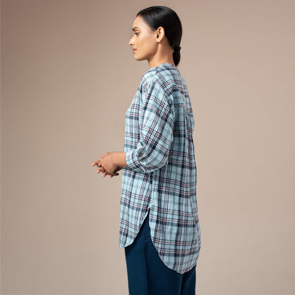 Yarn Dyed Crinkled Madras Check Womens Shirt - Pale Blue