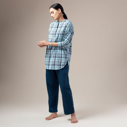 Yarn Dyed Crinkled Madras Check Womens Shirt - Pale Blue
