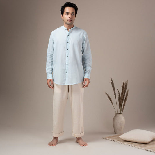 Fine Cotton Lightweight Houndstooth Shirt - Sky