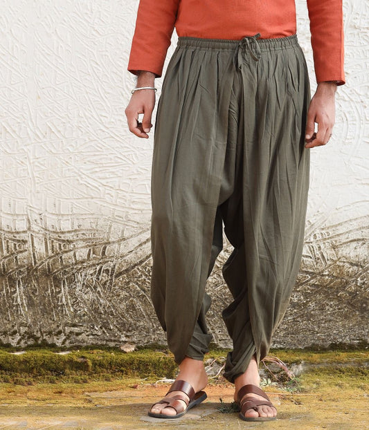 IshaÕs signature. Ready to wear Unisex Dhoti Pants (Olive) / Panchakacham. Easy to pull on. Versatile. Comfortable for both casual and formal wear.